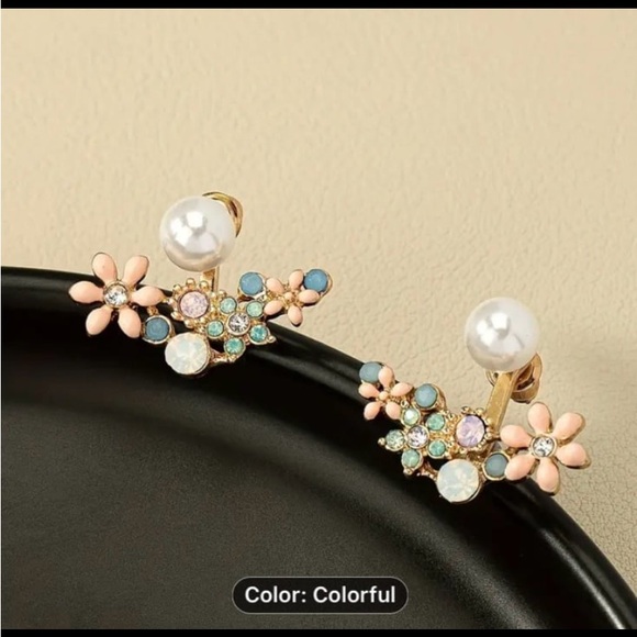 New Women Flower Design With Faux Pearl Shiny Rhinestone Decor Stud Earrings - Picture 3 of 7